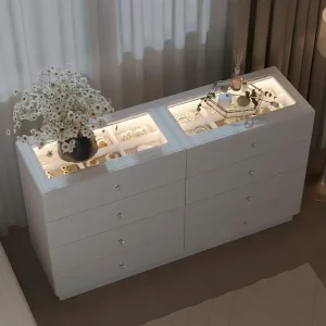 "White 53" Elegant Dresser w/ Glass Top & 8 Drawers