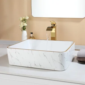 19" White Ceramic Bathroom Vessel Sink with Gold Faucet