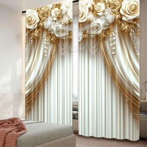2Pcs Elegant Golden Flower Pattern Curtain