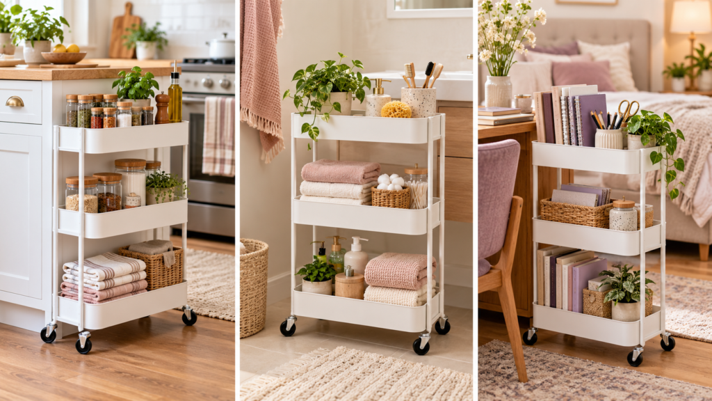 White rolling carts organizing kitchen, bathroom, and bedroom supplies