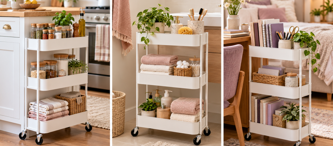 White rolling carts organizing kitchen, bathroom, and bedroom supplies